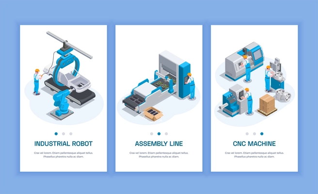 Industrial equipment set of three isometric vertical banners with editable text human characters and machine tools vector illustration