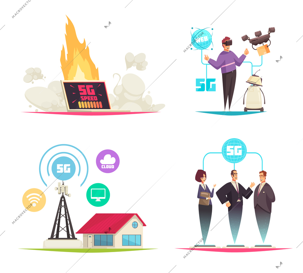 Internet technology 2x2 design concept set of cartoon compositions on theme fifth generation of mobile communications vector illustration