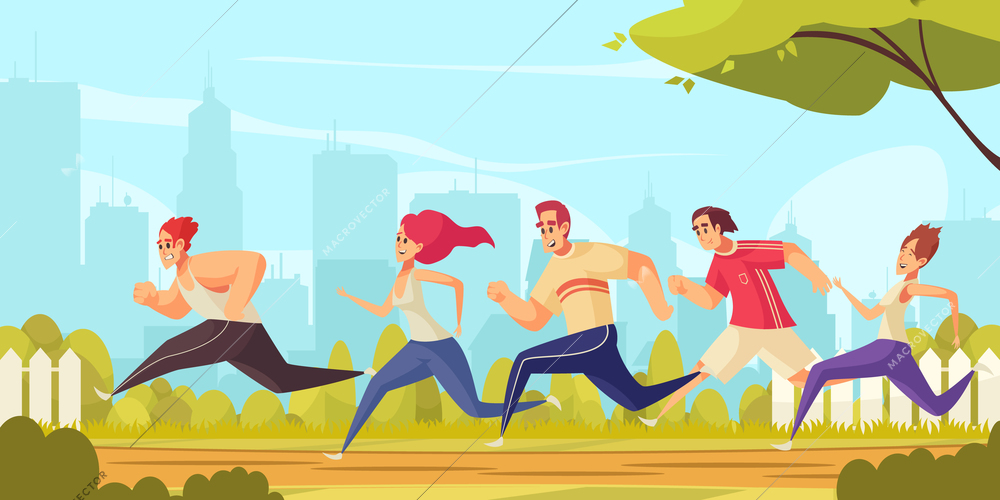 Colored cartoon background with group of young people in sportswear running in city park vector illustration