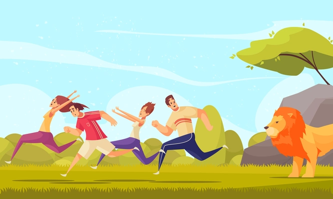 Colorful cartoon background with stressed adult people running away from lion at nature background vector illustration
