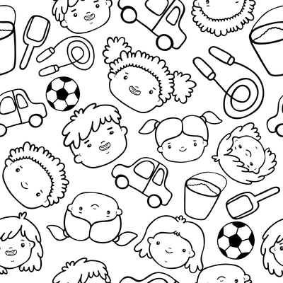 Doodle kids faces pattern black and white vector illustration