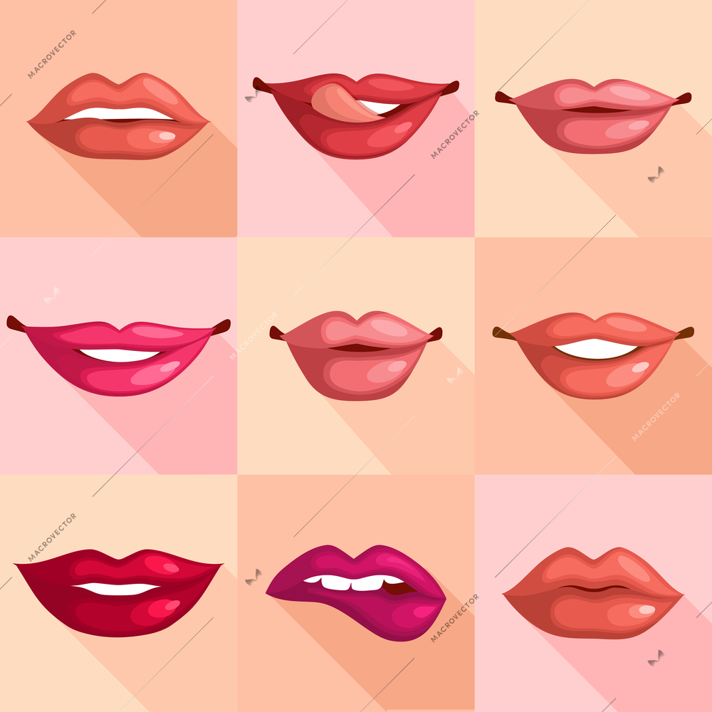 Set of mouth smile red sexy woman lips in flat style vector illustration