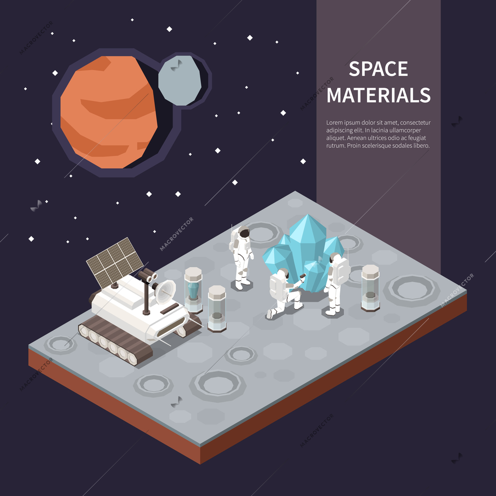 Group of astronauts exploring planet and collecting materials near their space ship 3d isometric vector illustration