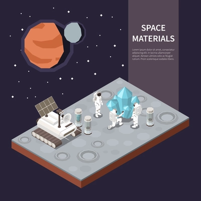 Group of astronauts exploring planet and collecting materials near their space ship 3d isometric vector illustration