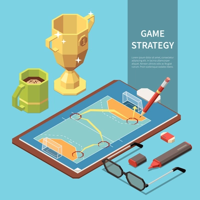 Isometric composition with game strategy drawn on paper with sport field 3d vector illustration