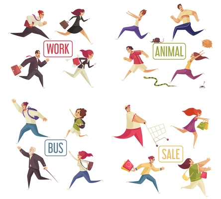 Running people set with adult characters running late for work bus and sale isolated vector illustration