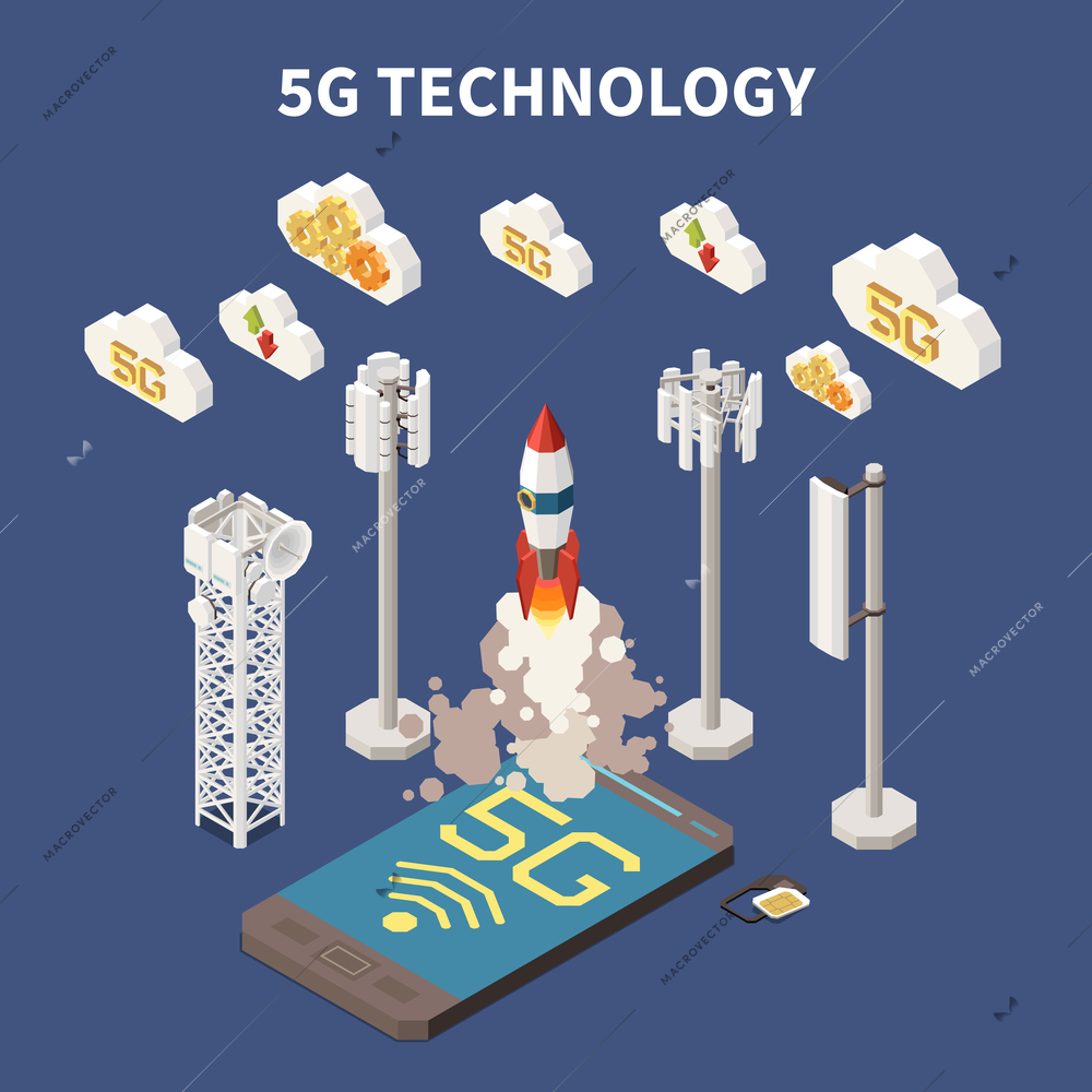 5g internet technology isometric concept on blue background 3d vector illustration