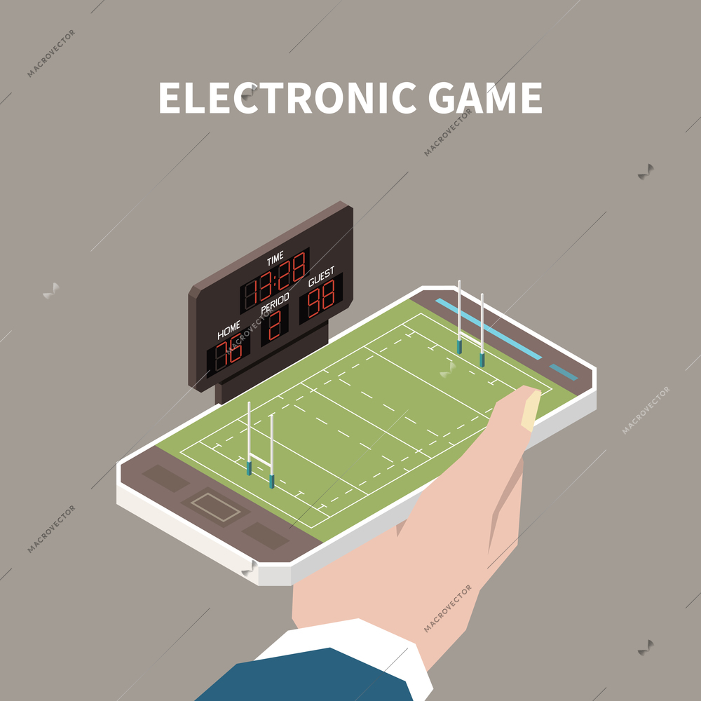 Human hand holding smartphone with opened electronic game with sport field 3d isometric vector illustration