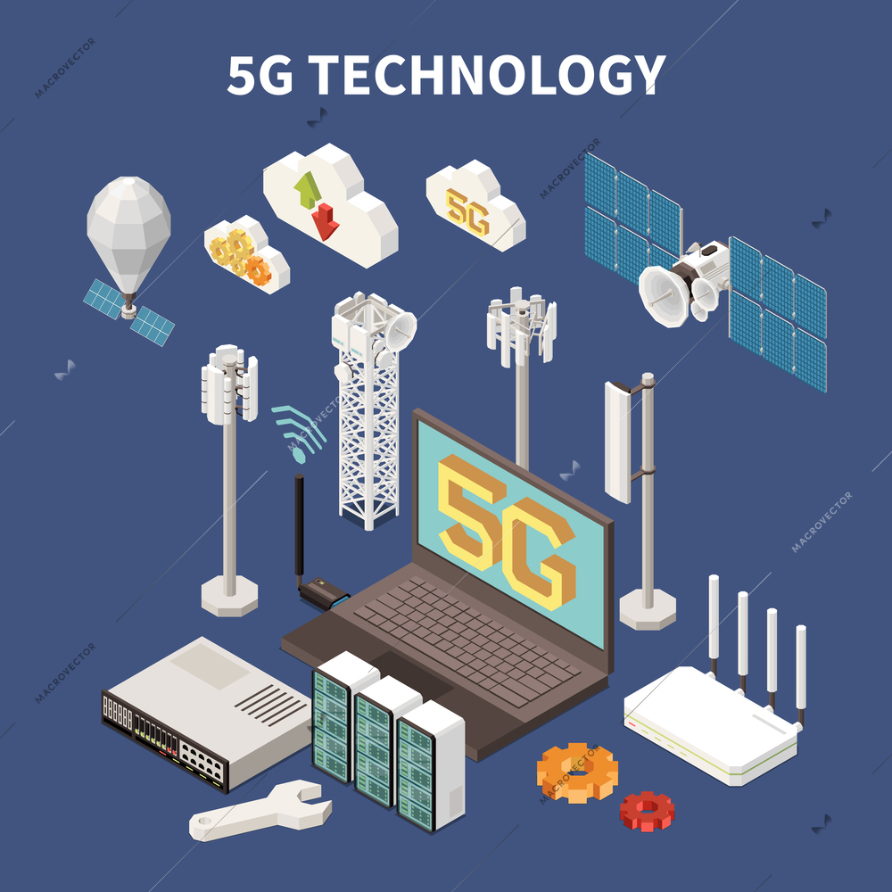 Isometric composition with 5g internet technology equipment and devices 3d vector illustration