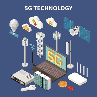 Isometric composition with 5g internet technology equipment and devices 3d vector illustration
