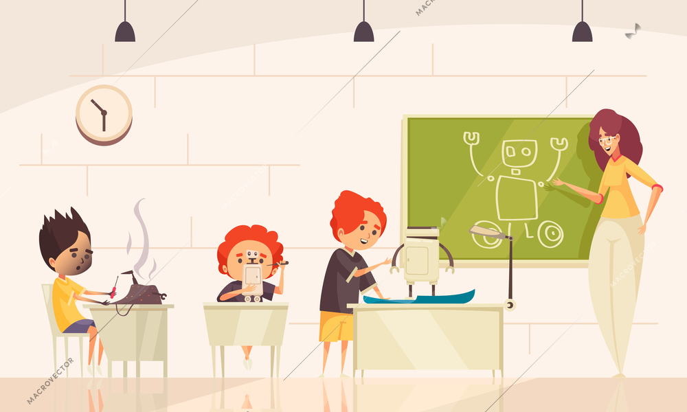 Robotics kids class vector illustration with little pupils designing robots and female adult character at blackboard with cartoon drawing