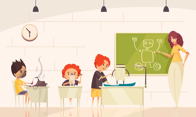 Robotics kids class vector illustration with little pupils designing robots and female adult character at blackboard with cartoon drawing