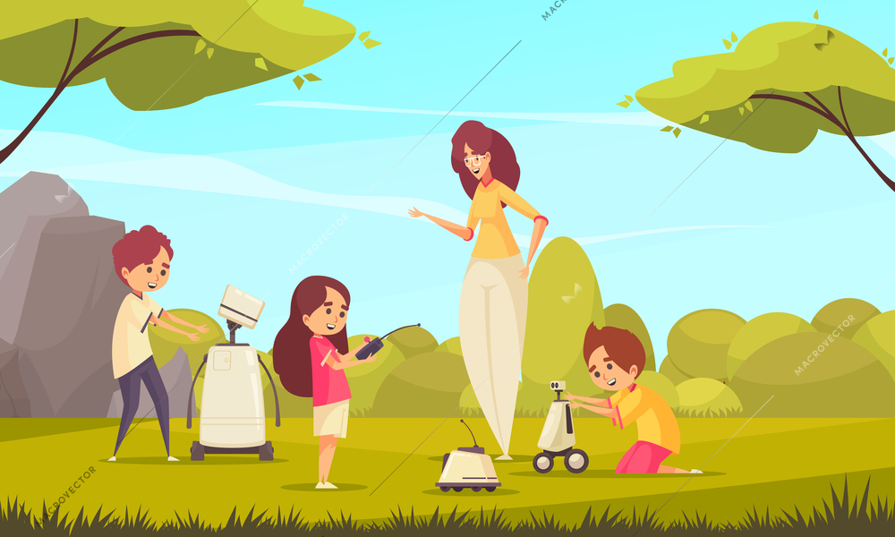 Robotics toys for kids vector illustration with children playing in nature with robots under supervision of adult woman