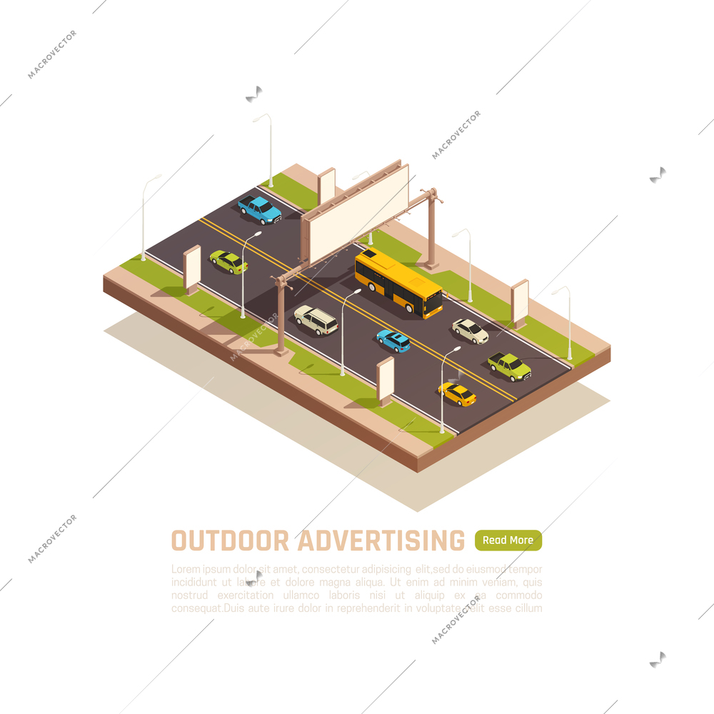 Outdoor advertisement isometric background with view of motorway with cars and empty billboards with editable text vector illustration