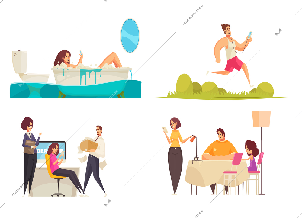 Gadget addiction 2x2 design concept with men and women addicted to gadgets with social media at home in office and outdoor vector illustration