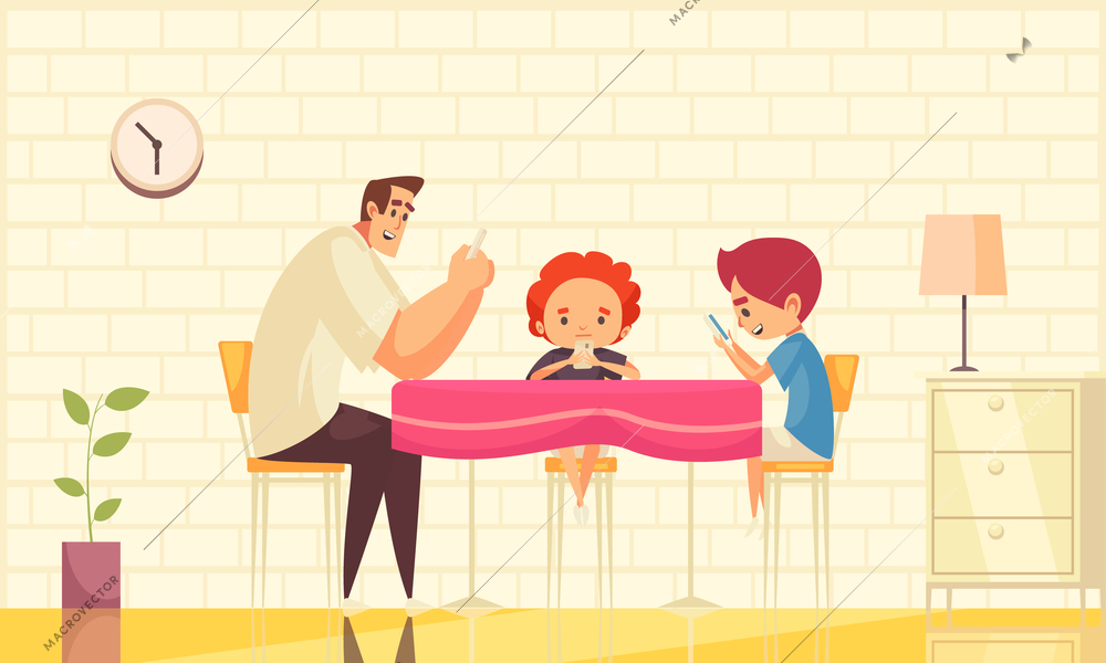 Gadget addiction flat composition with dad and his kids sitting at table in home interior and looking in smartphones vector illustration