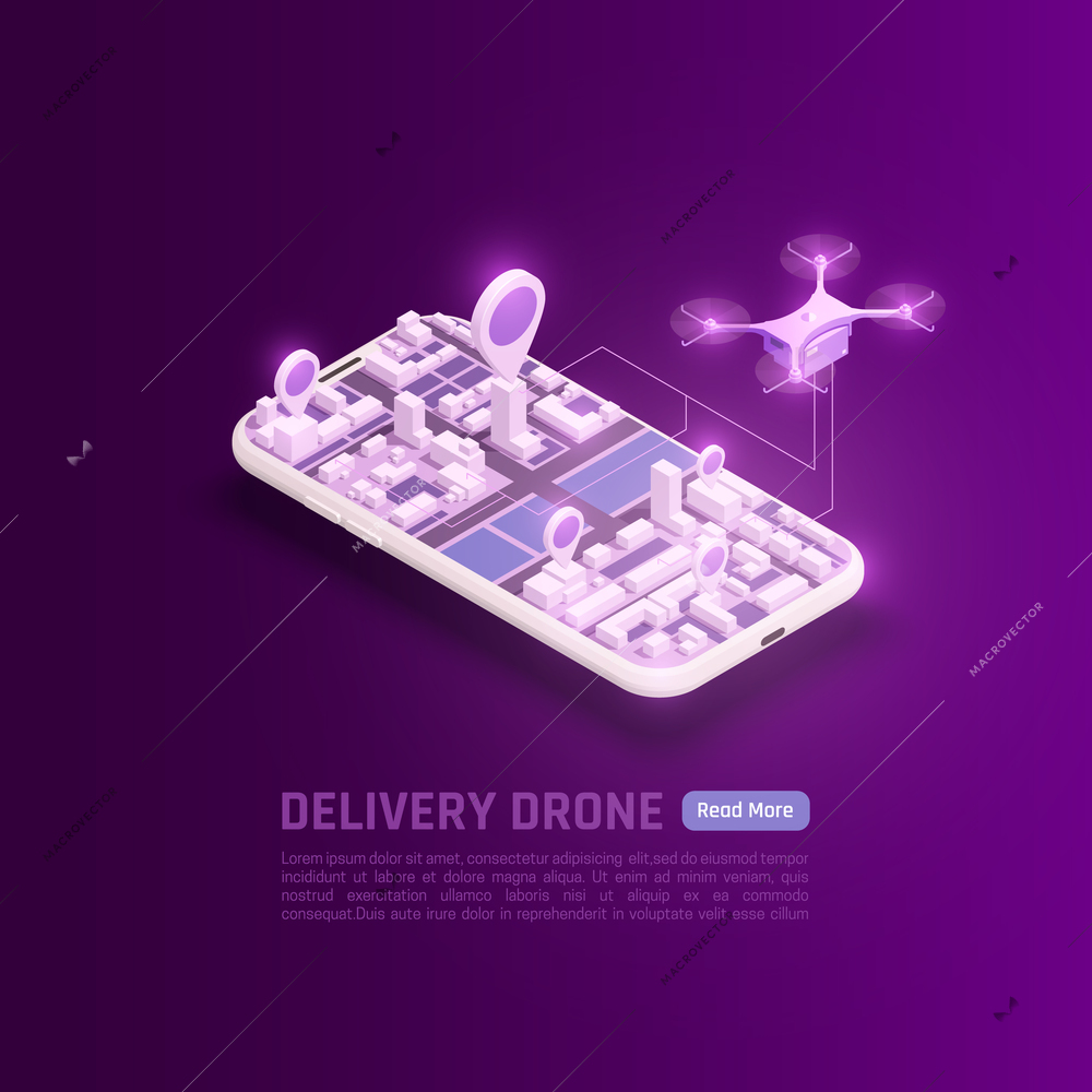 Drones quadrocopters isometric background with images of quadcopter and smartphone with city blocks and editable text vector illustration