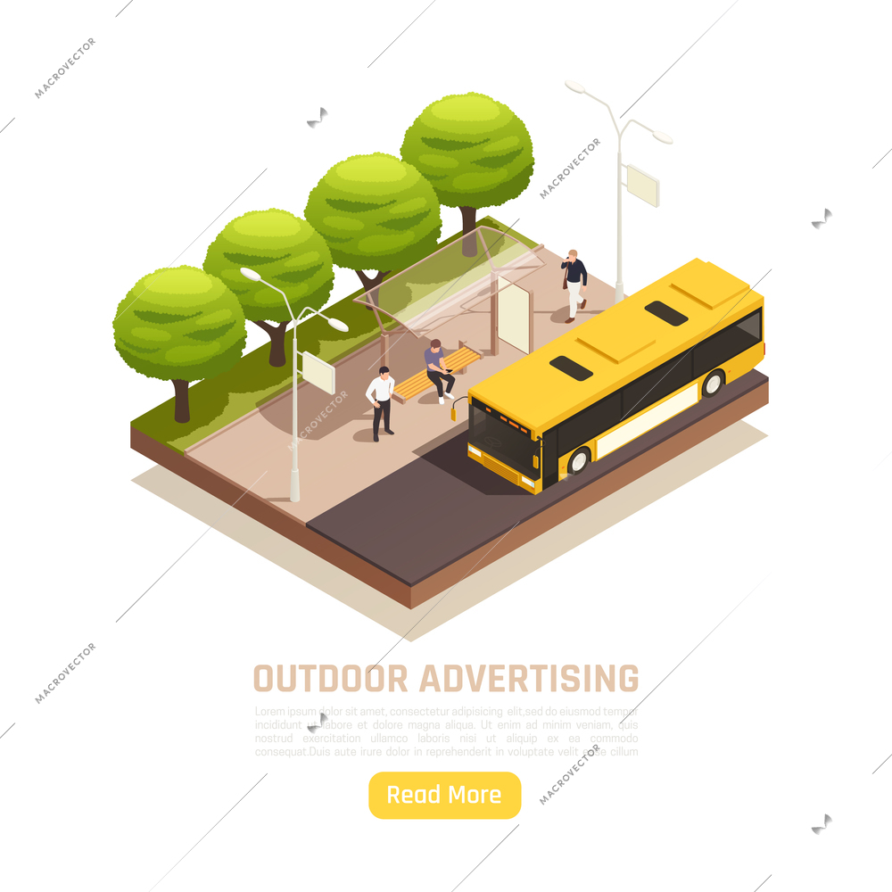 Outdoor advertisement isometric background with text read more button and outdoor scenery with people on bus stop vector illustration