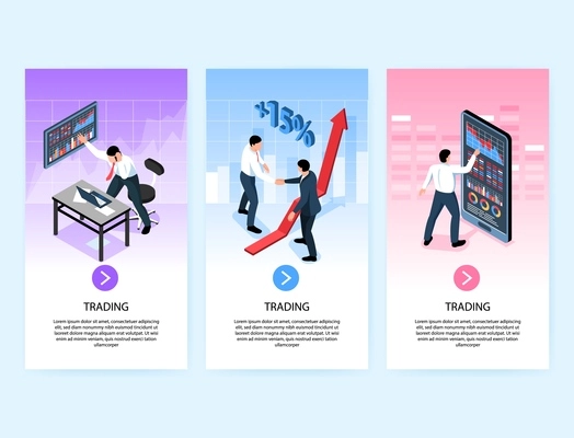 Set of three isometric stock market exchange trading vertical banners with images text and clickable button vector illustration