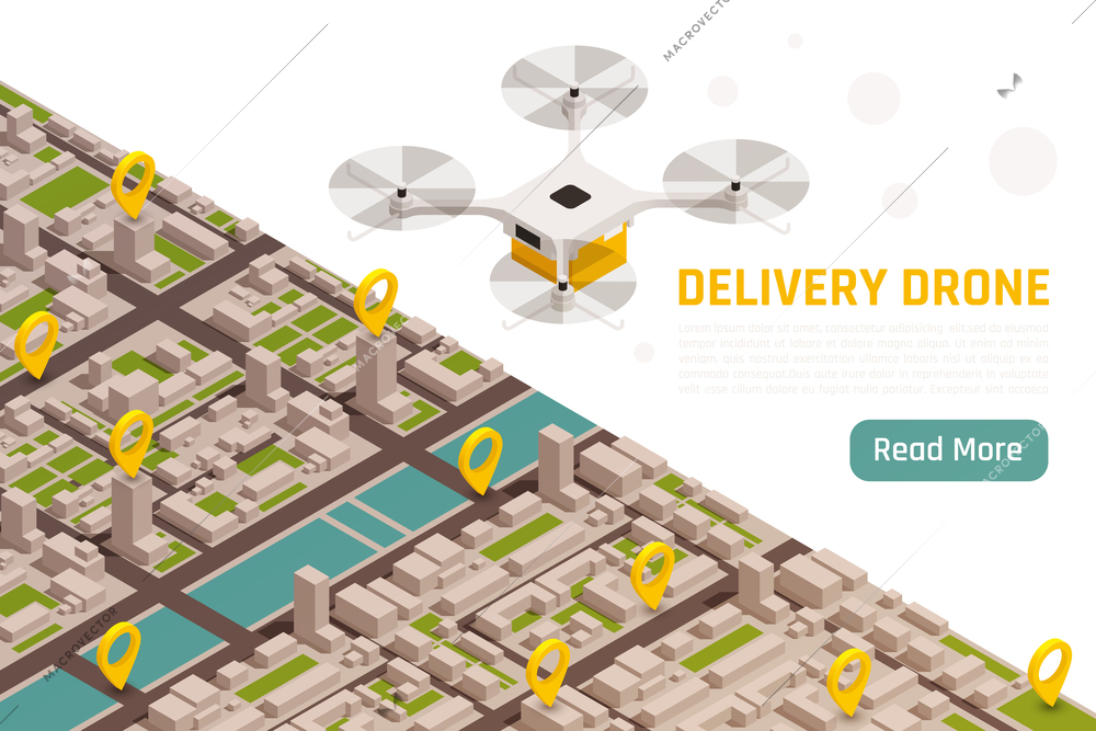 Drones quadrocopters isometric background with birds eye view of modern city with location signs and quadcopters vector illustration