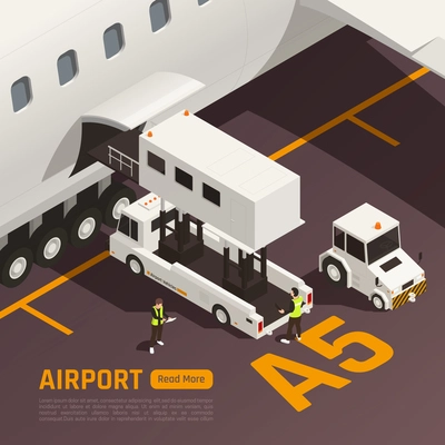 Airport isometric background with text read more button and images of people loading baggage to aircraft vector illustration