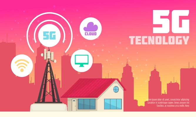 Wireless 5G internet technology flat background with web and communication icons in urban environment vector illustration