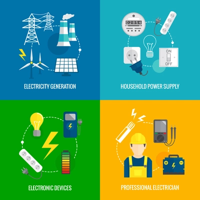 Electricity energy concept flat business icons set of household power professional electrician for infographics design web elements vector illustration