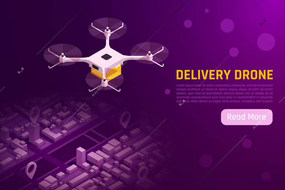 Drones quadrocopters isometric background with text read more button and image of quadcopter flying above city vector illustration