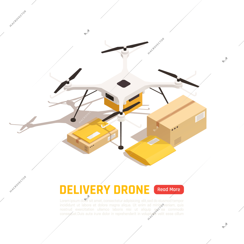 Drones quadrocopters isometric background with images of quadcopter with carton boxes and editable text with button vector illustration
