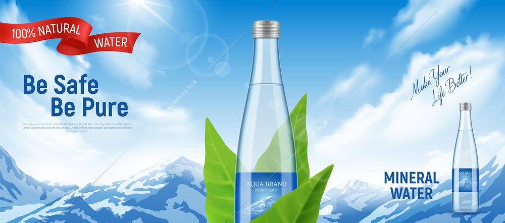 Realistic advertising poster with bottle of natural mineral water and mountain tops vector illustration