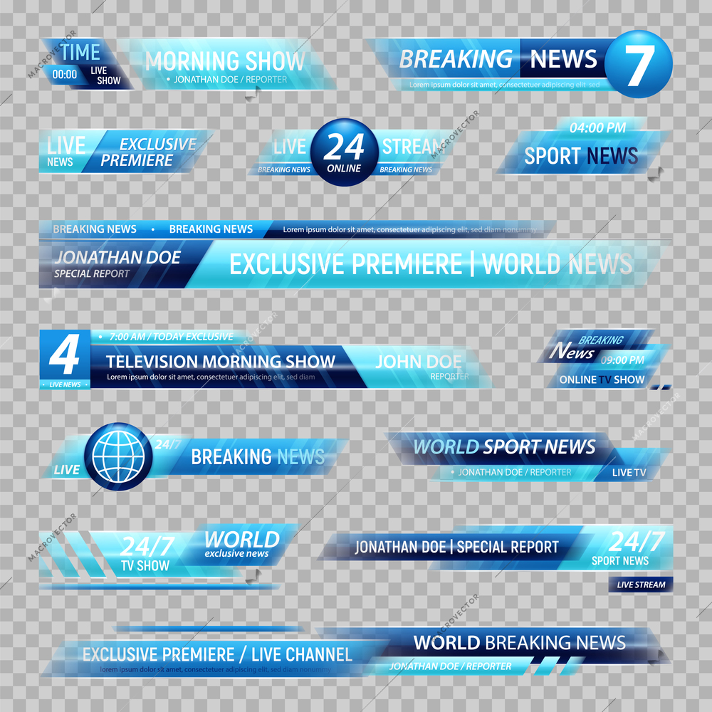 Realistic set of breaking news bar templates for tv channel isolated on transparent background vector illustration