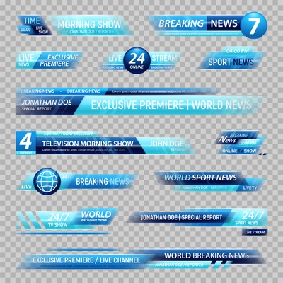 Realistic set of breaking news bar templates for tv channel isolated on transparent background vector illustration