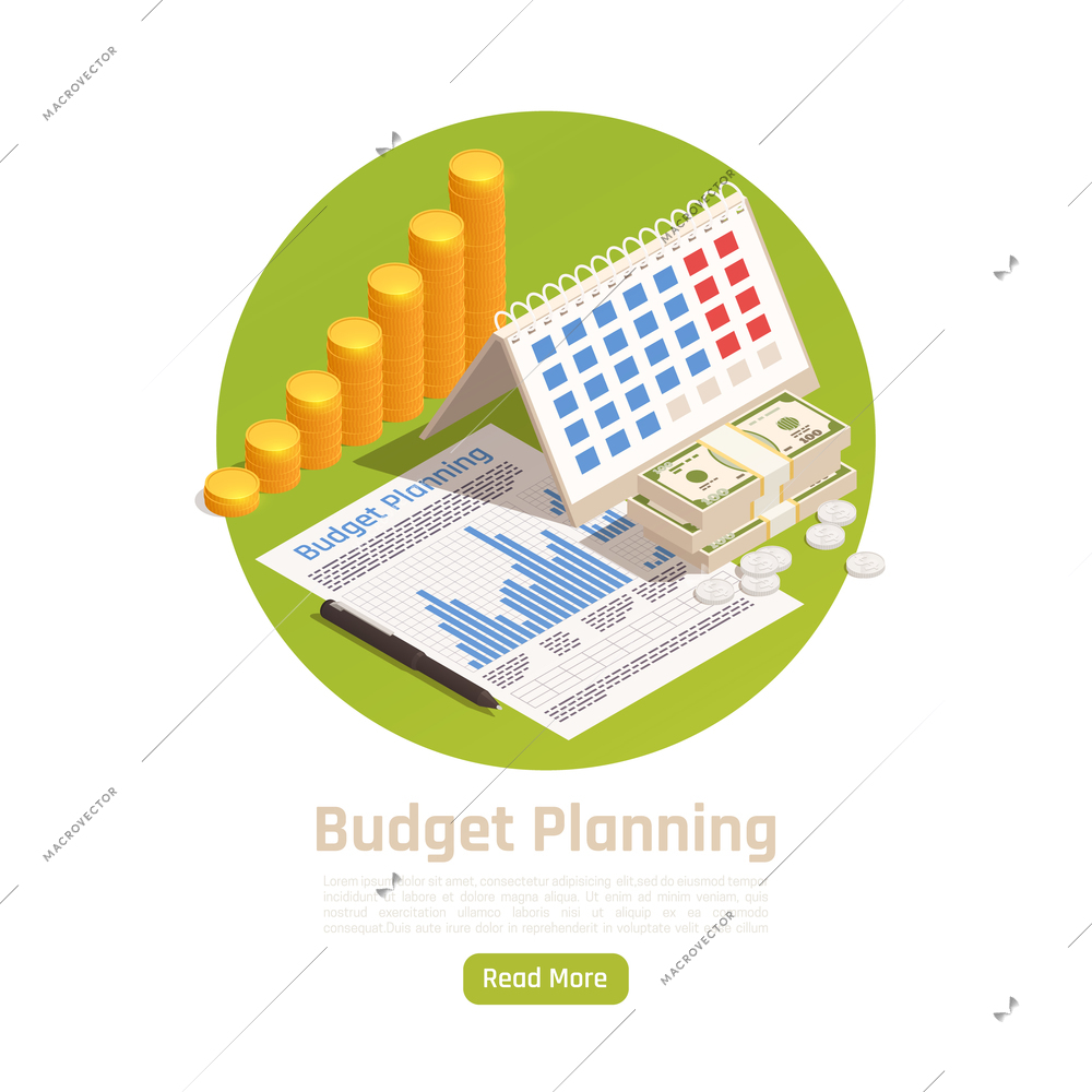 Wealth management isometric background with read more button editable text and circle composition of organizer images vector illustration