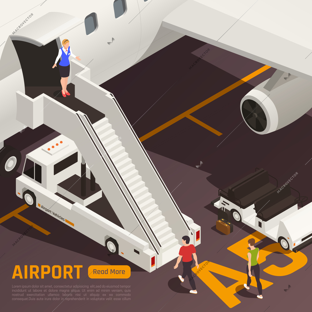 Airport isometric background with composition of aircraft airstairs truck and people with clickable button and text vector illustration