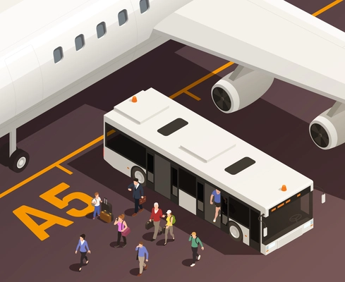 Airport isometric composition with outdoor view of people going out of shuttle bus with airplane wing vector illustration