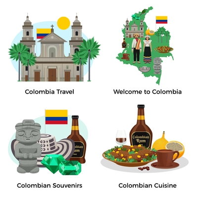 Colombia tourism concept icons set with souvenirs and cuisine symbols flat isolated vector illustration