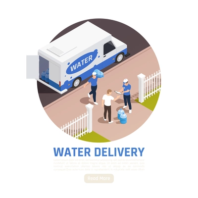 Water delivery isometric background with view of fenced yard and delivery truck with people and text vector illustration