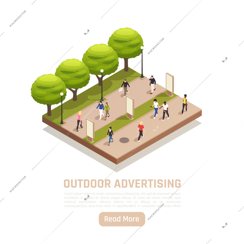 Outdoor advertisement isometric background with circle composition of people and advertising panels beyond city park lanes vector illustration