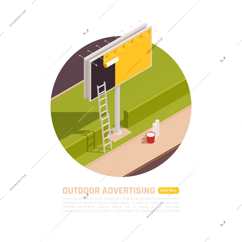 Outdoor advertisement isometric background with round composition of pavement images editable text and read more button vector illustration