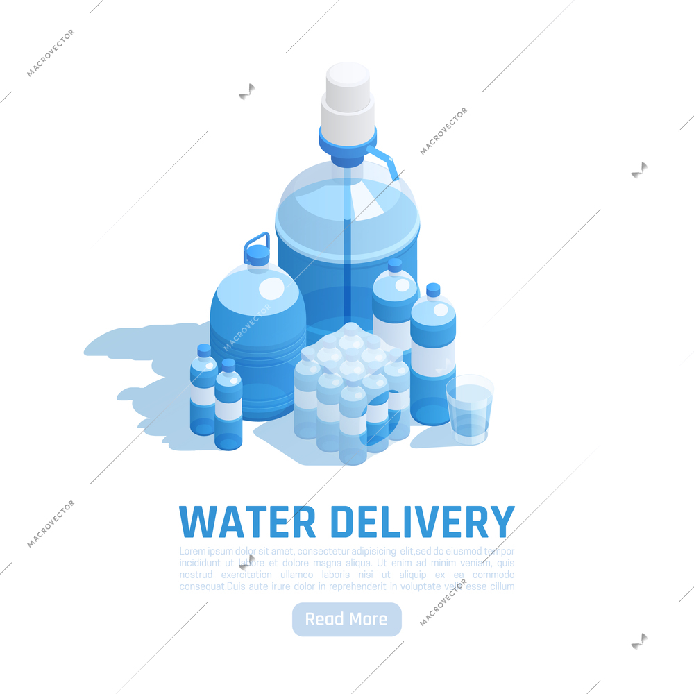 Water delivery isometric background with editable text and set of bottles of different shape and size vector illustration