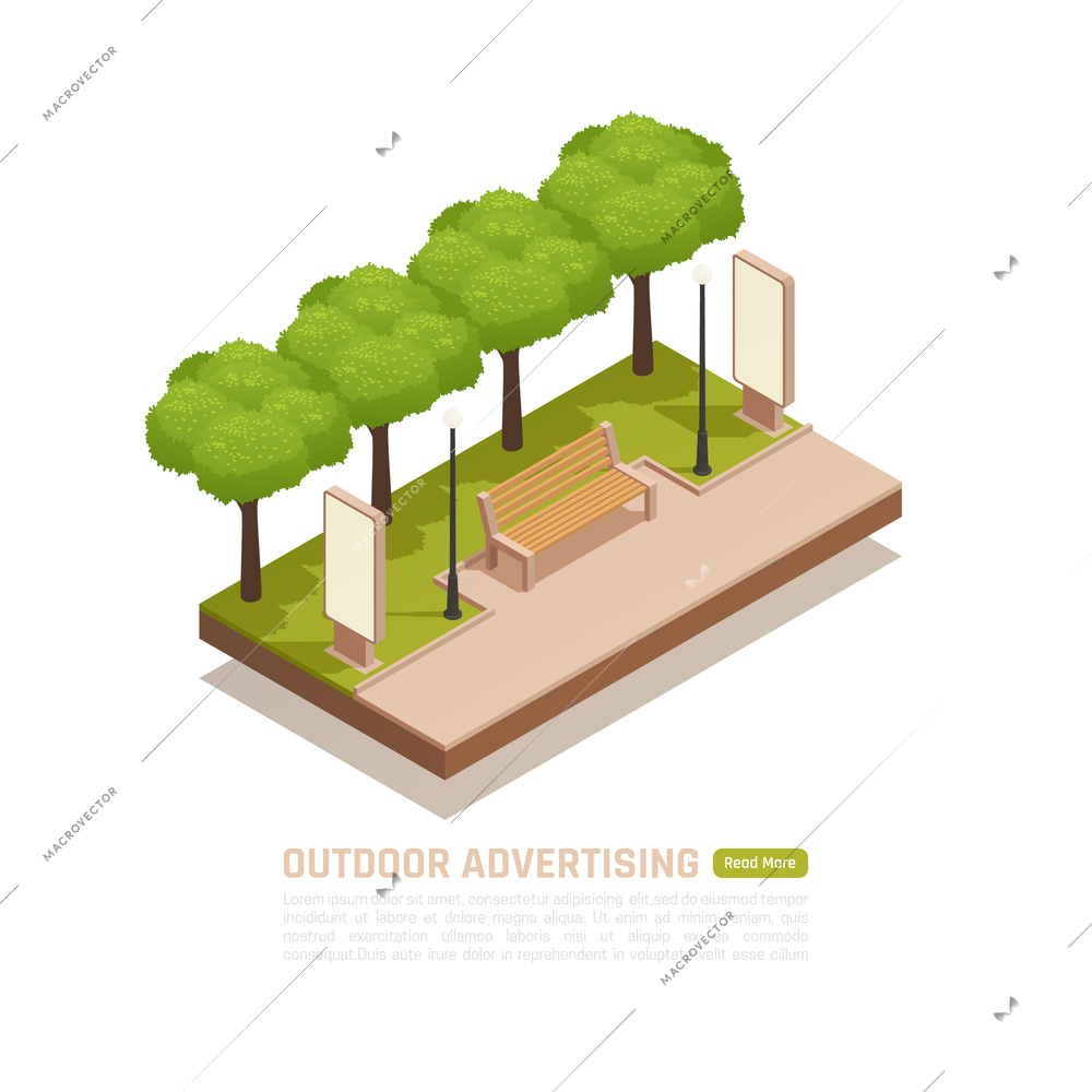 Outdoor advertisement isometric background with round composition of park bench and advertising panels with editable text vector illustration