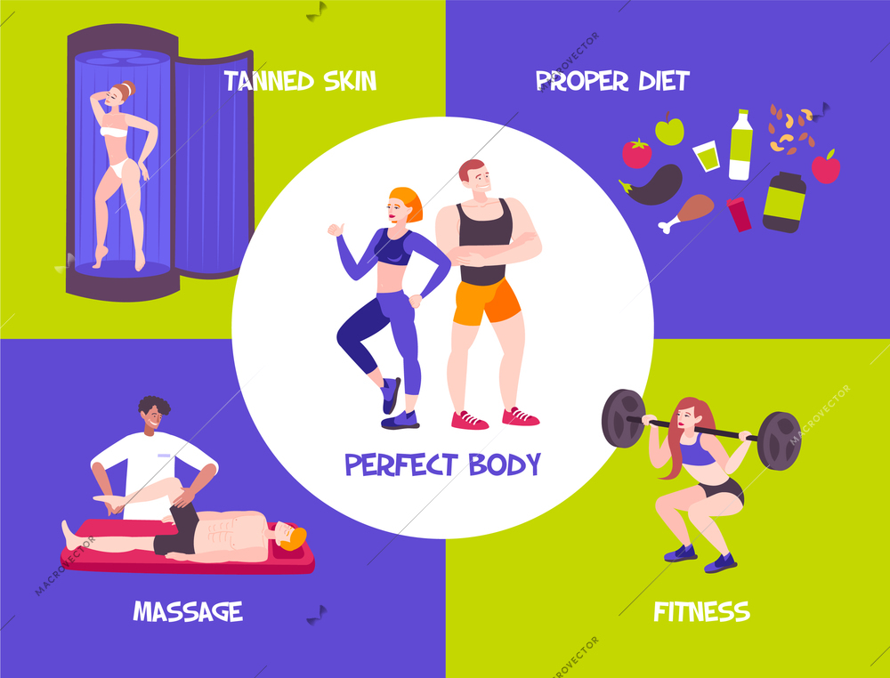 Sport body composition with design concept human characters of athletes diet food and editable text captions vector illustration