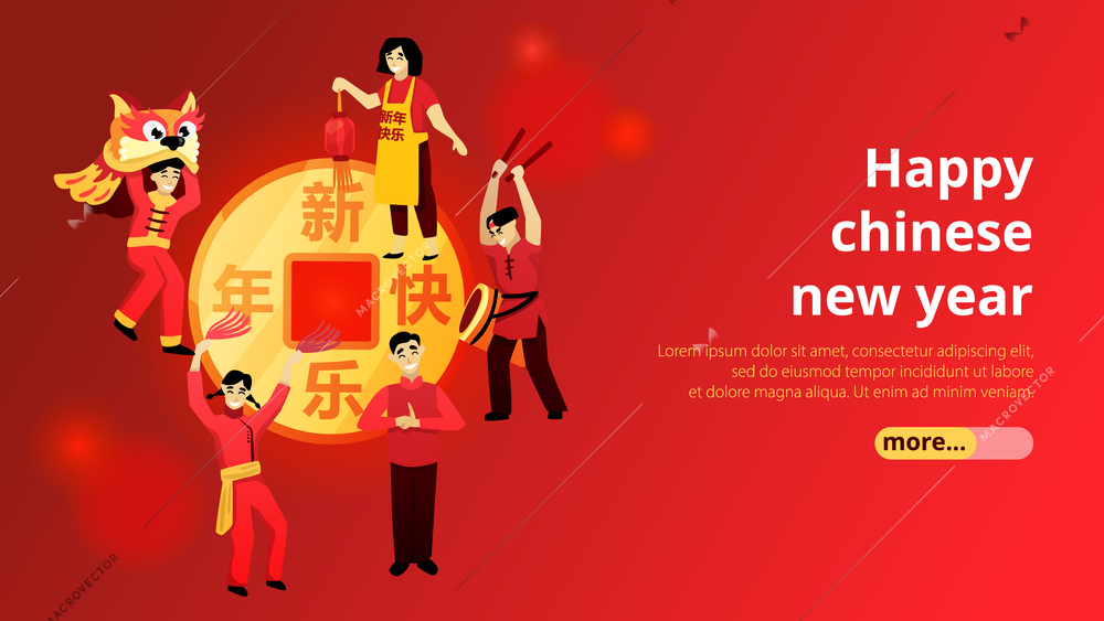 Chinese new year celebration traditions horizontal web banner with lion dance red lantern token background vector illustration