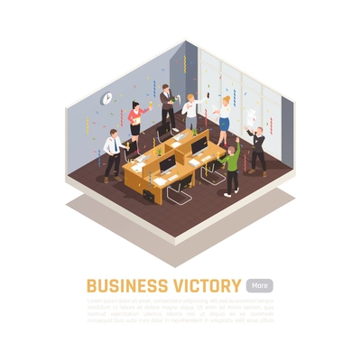 Isometric colored winner concept with business victory headline and isolated meeting room