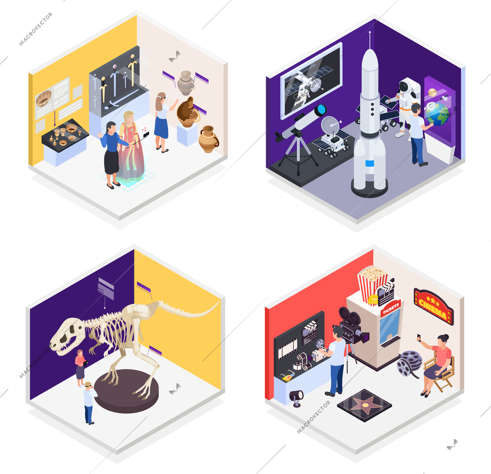 Modern museum 4 isometric compositions with prehistoric times dinosaur space mission retro cinema exhibits isolated vector illustration