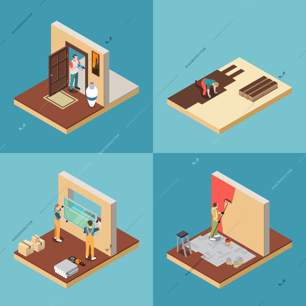 Home repair worker concept icons set isometric isolated vector illustration