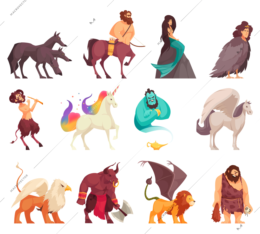 Mythical magical creatures spirits monsters cartoon stile icons set with cyclops mermaid centaur unicorn cerberus vector illustration