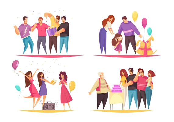 Set of four isolated gift present compositions with flat characters of people having joy and fun vector illustration