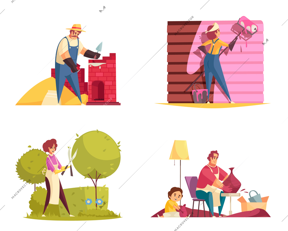 Craftsman concept icons set with potter and gardener flat isolated vector illustration