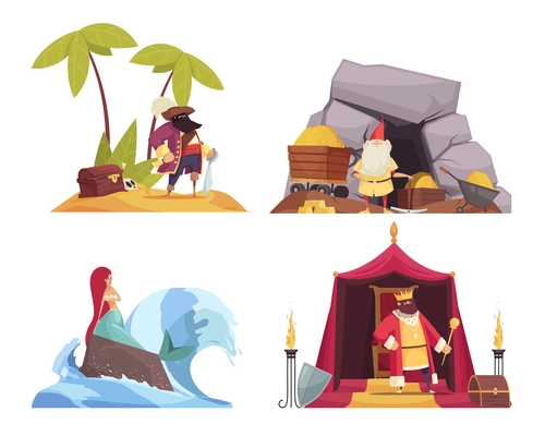 Fairy tale characters concept icons set with pirate and mermaid flat isolated vector illustration